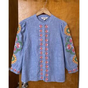 Boden Ava Chambray Denim Embroidered Linen Peasant Top Boho Folk artsy Size 6